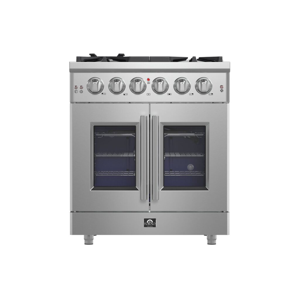 Massimo 30-Inch Freestanding French Door Gas Range, 4 Burners, Convection Oven, Energy Efficient