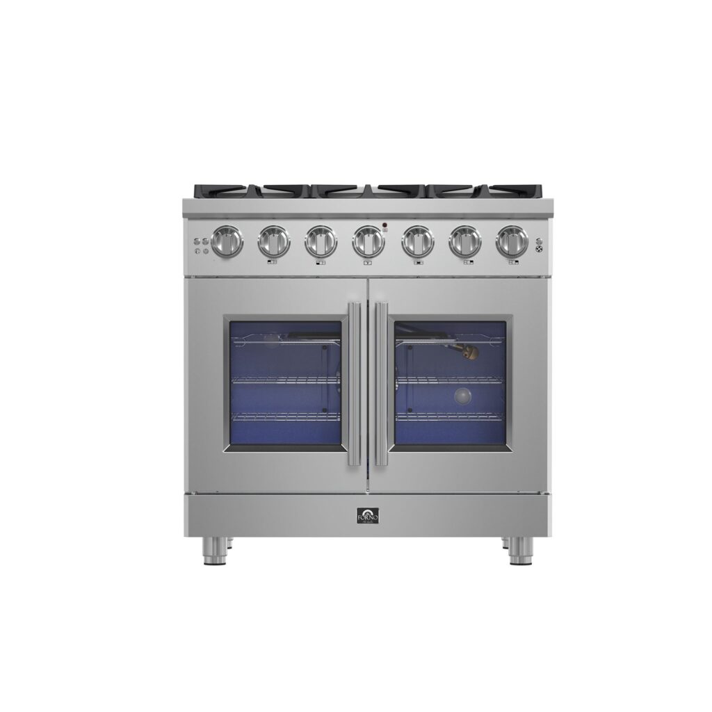 Massimo 36-Inch Freestanding French Door Gas Range, 6 Burners, Convection Oven, Energy Efficient