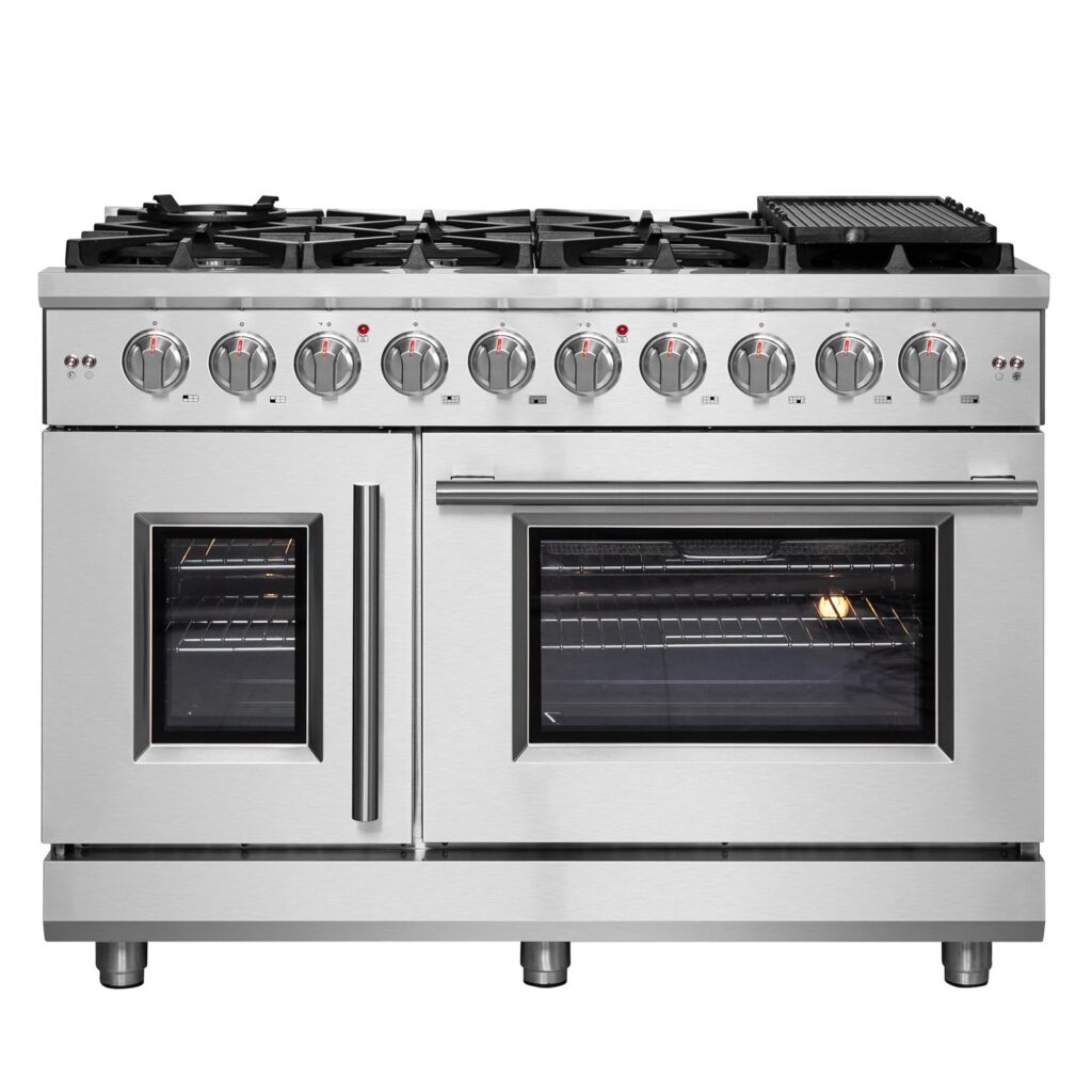 Massimo 48-Inch Freestanding French Door Gas Range, 8 Burners, Convection Oven, Energy Efficient