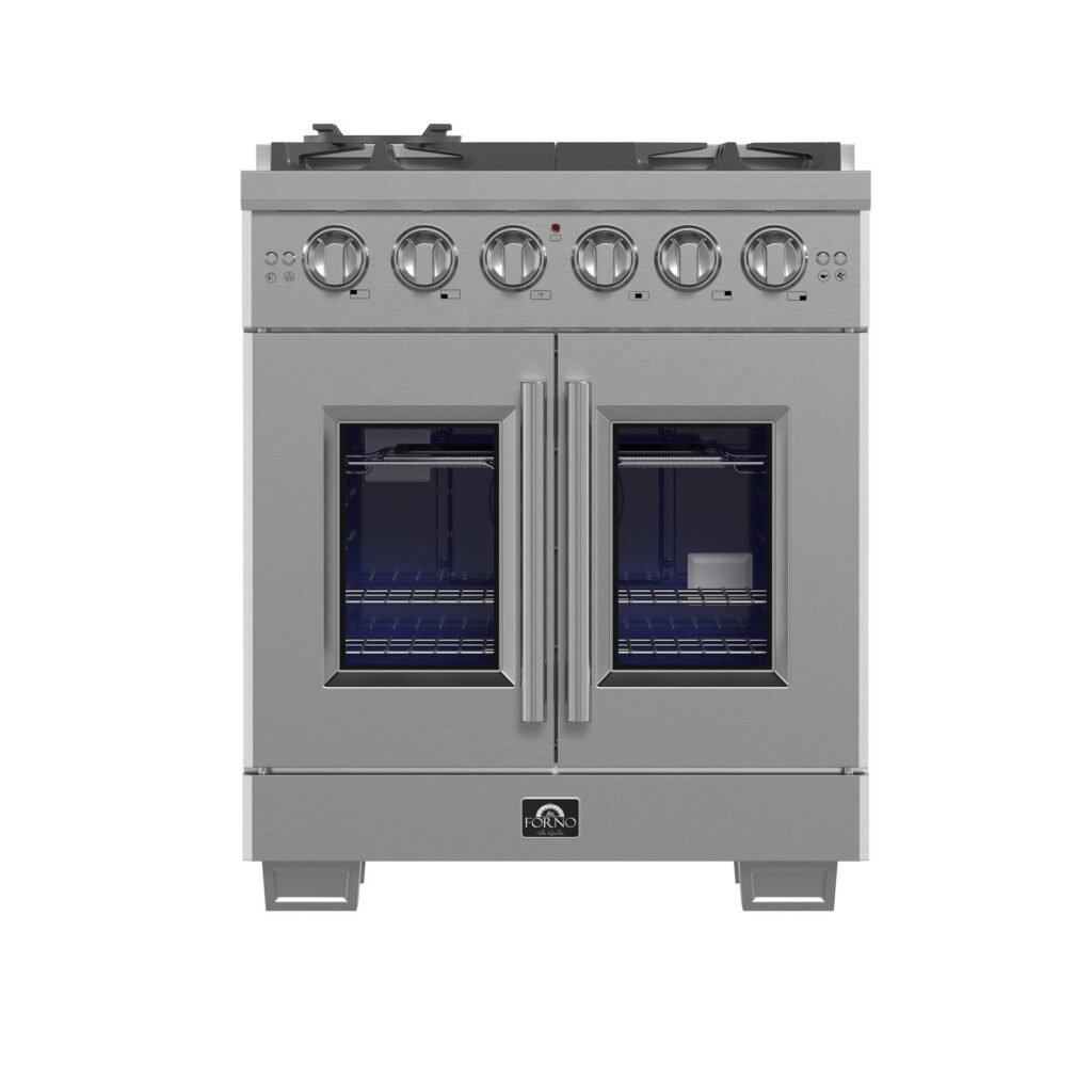 Capriasca 30-Inch Freestanding French Door Gas Range, 4 Burners, Convection Oven, Energy Efficient