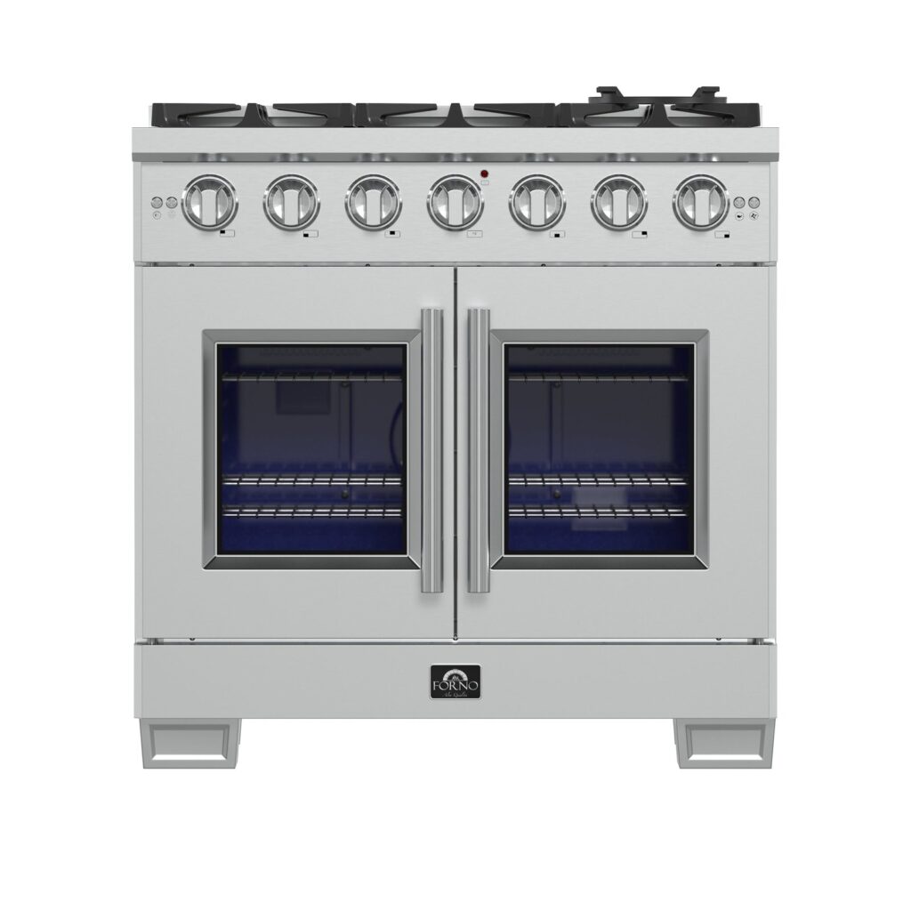 Capriasca 36-Inch Freestanding French Door Gas Range, 6 Burners, Convection Oven, Energy Efficient