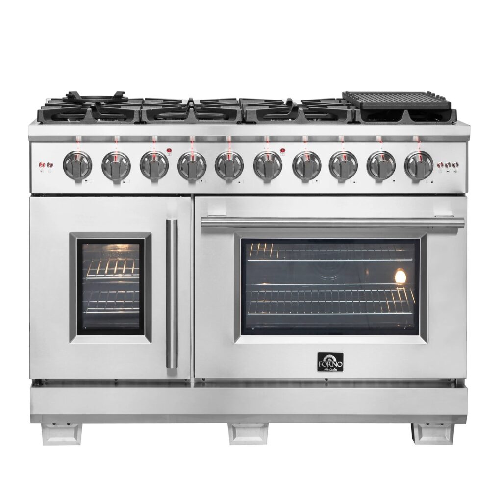 Capriasca 48-Inch Freestanding French Door Gas Range, 8 Burners, Convection Oven, Energy Efficient